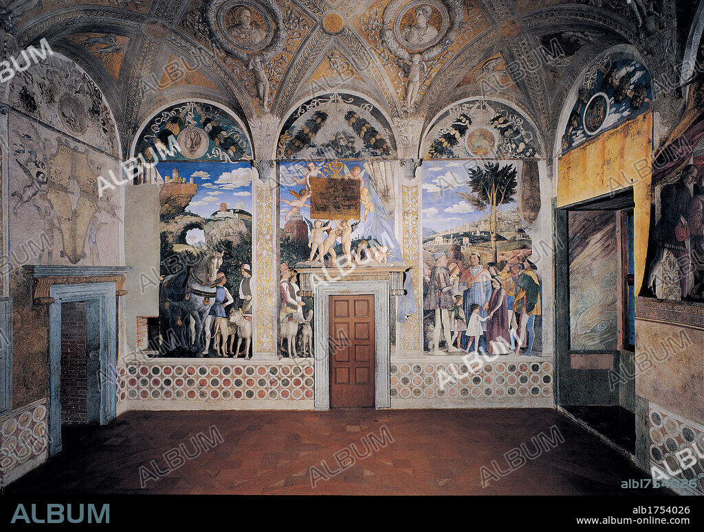Decoration of the Camera degli Sposi (Camera Picta), by Mantegna Andrea, 1465-1474, 15th Century, fresco and dry tempera. Italy; Lombardy; Mantua; Ducal Palace; . West wall. The meeting between Ludovico Gonzaga and his sons, Francesco and Federico. All. Higher lunettes with Ludovico Gonzaga's deeds.