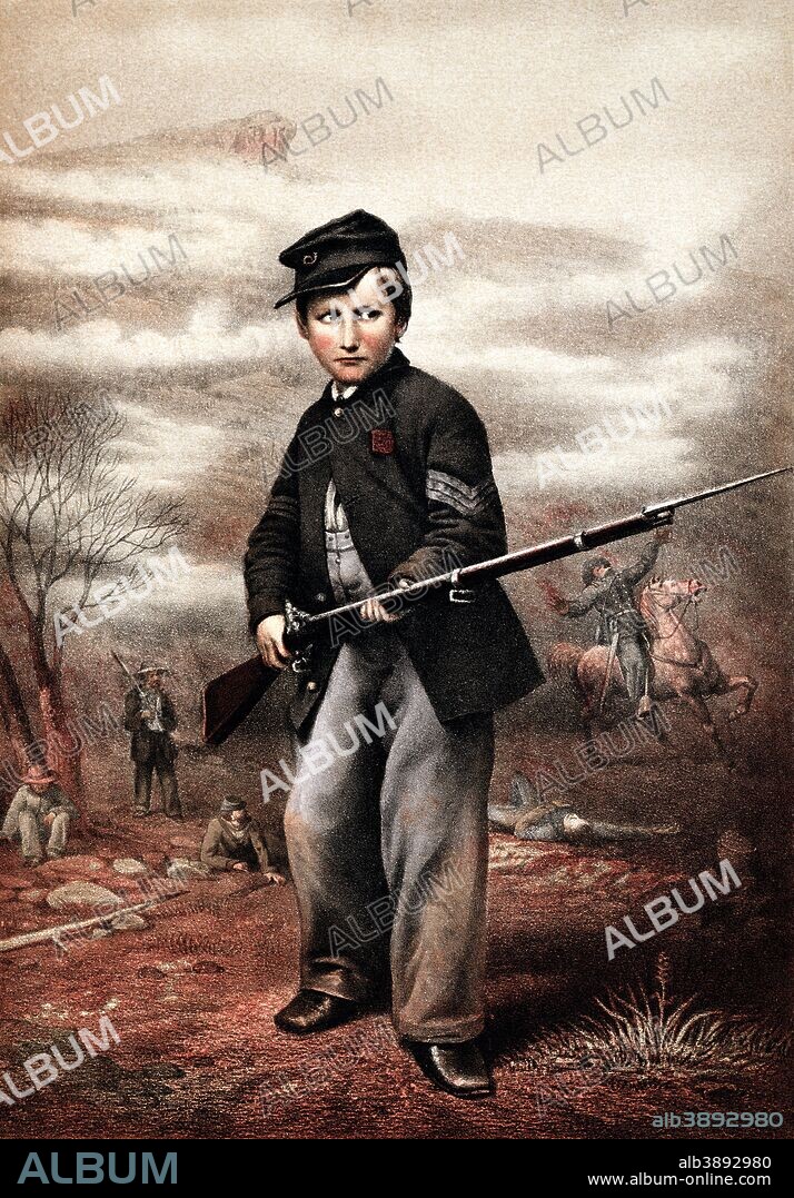 Vintage Civil War print of a Union Drummer Boy, John Clem, holding a rifle on the battlefield. John Clem gained fame for his bravery during battle and later became a general in the United States Army.