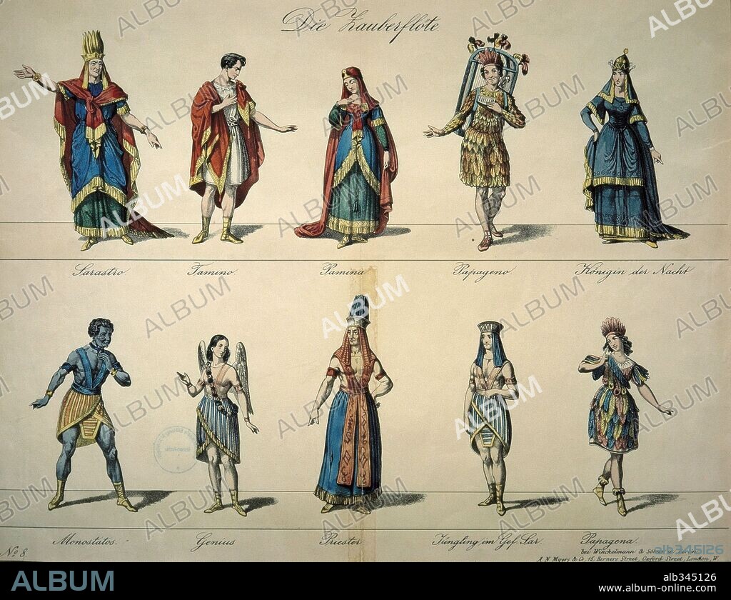 Costume designs for Mozart "Magic Flute",  XIX century engravings.