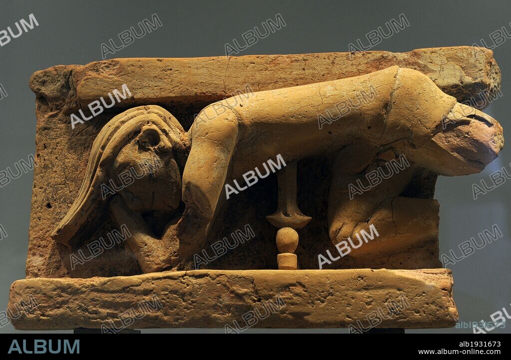 Greek Art. Altar with greek myths. The suicide of Ajax by throwing himself on his sword. Ny Carlsberg Glyptotek. Copenhagen. Denmark.