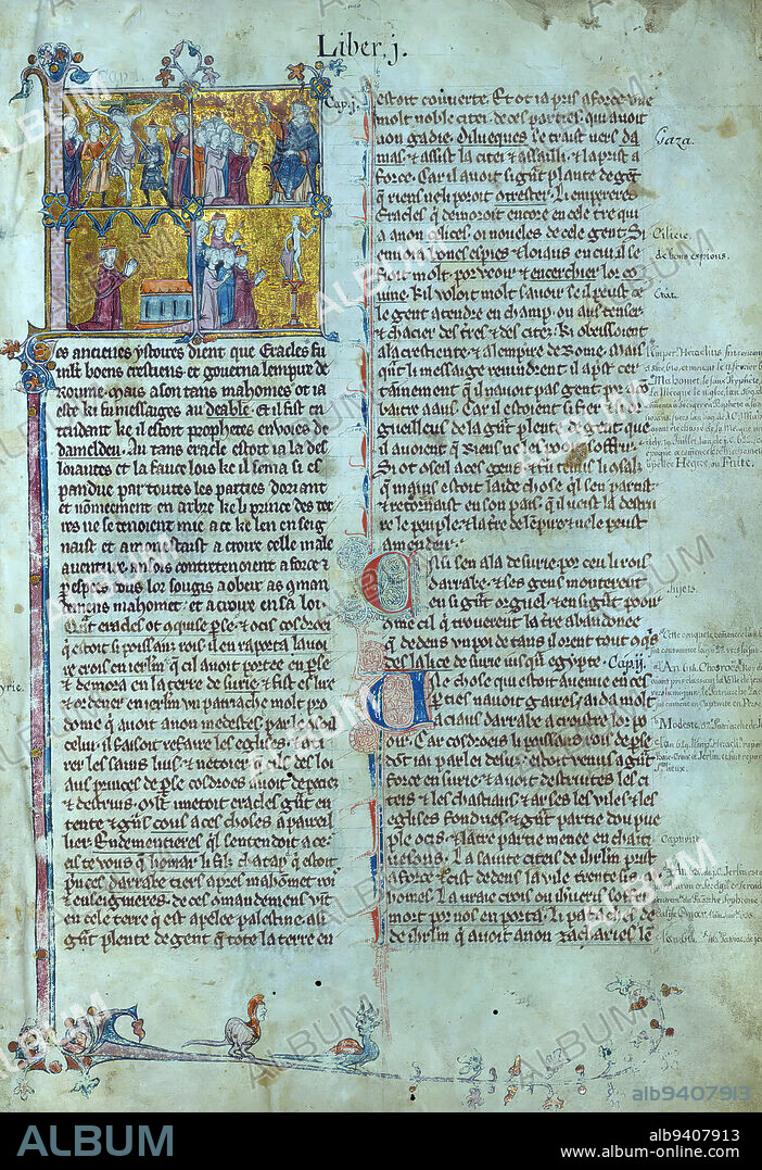 William of Tyre's Histoire d'Outre Mer, Initial 'L' with (above) the Crucifixion, and the First Crusade being preached by Pope Urban II; (below) man kneeling in prayer before altar, and people worshiping idols, This manuscript, completed in the later part of the thirteenth century, contains William of Tyre's Estoire d'Eracles (to 1229), Les Faits des Romains (continuation, Tiberius to Julian), and a letter of Prester John. While the origin of the manuscript is debatable between Acre and Paris, Jaroslav Folda suggests a strong connection with Epinal 45, a manuscript known to have been created in Paris during this same time. Versions of William of Tyre's work were particularly popular in France during the latter part of the thirteenth century.