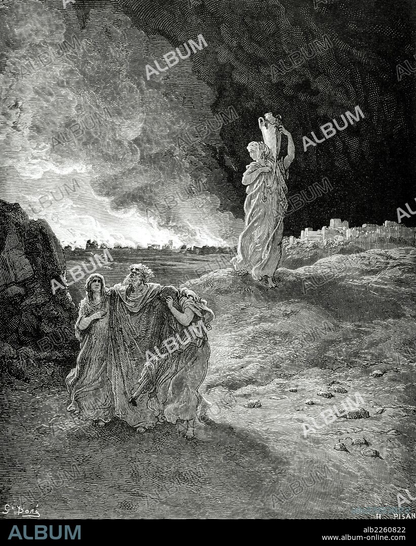 PAUL GUSTAVE DORÉ. LOT. Persoanje bíblico, hijo de Harán. Huyó de Sodoma antes de su destrucción, avisado por ángeles de Yahveh. La mujer de Lot, Edith, al darse la vuelta, desobedeciendo, se convertió en estatua de sal. Grabado por H. Pisan de "LA FUGA DE LOT". Dibujo de Doré. Génesis. Capítulo XIX.