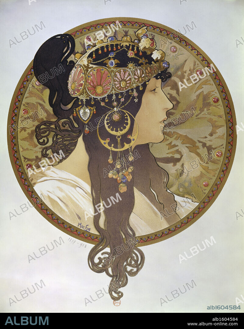 ALPHONSE MUCHA. Medallion with a Brunette's Profile   1897  Alphonse Marie Mucha (1860-1939/Czech)  Bibliotheque Nationale, Paris.