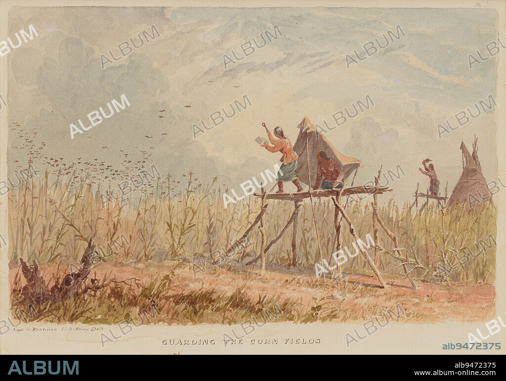 Guarding the Corn Fields, 1849-1855, Seth Eastman, American, 18081875, 6 1/2 × 9 7/8 in. (16.51 × 25.08 cm) (image)9 11/16 × 12 7/8 in. (24.61 × 32.7 cm) (sheet), Watercolor, United States, 19th century.