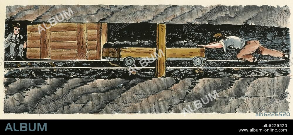 Gesellschaft / Soziales: Kinderarbeit.-"Über die Beschäftigung der Kinder in den englischen Fabriken und Bergwerken: Nebenstollen mit Luftthür".-Holzstich. Aus: Illustrirte Zeitung, 3.Bd., Nr.66, Leipzig, 5.Oktober 1844, S.221. Spätere Kolorierung.