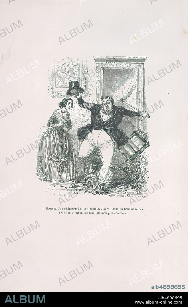 J. J. Grandville, Happy to get away with it so cheaply.' from the Little Miseries of Human Life, Petites Misères de la Vie Humaine, J. J. Grandville (French, Nancy 18031847 Vanves), Paul-Émile-Daurand Forgues (French, Paris 18131883 Cannes), Henri Fournier, 1843, Wood engraving, Sheet: 11 1/4 × 7 1/2 in. (28.5 × 19 cm), Prints.