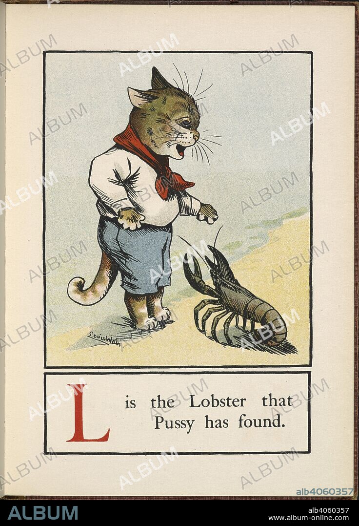 L is the lobster that Pussy has found. A Cat Alphabet and picture book for little folk. Illustrated by Louis Wain. London : Blackie & Son, [1914.]. Source: 11650.h.69 page 12.