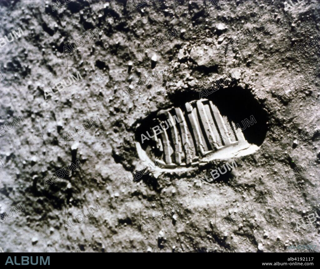 The first footprint on the Moon', Apollo 11 mission, July 1969. Boot-print of US astronaut Neil Armstrong, first man to set foot on the Moon, clearly visible in the lunar soil. The Apollo 11 Lunar Module, code named Eagle, with Neil Armstrong and Buzz Aldrin on board, landed in the Sea of Tranquillity on 20 July 1969. Apollo 11 was the fifth manned Apollo mission, and was the first to land on the Moon.
