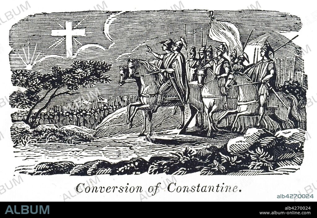 Woodblock engraving depicting the conversion of Constantine the Great before the Battle of Milvian Bridge. Constantine the Great (272 AD-337 AD) a Roman Emperor of Illyrian origin. Dated 19th century.