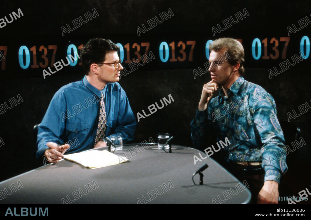 Lutz Dombrowski, former athlete, guest of Roger Willemsen in the talk show "0137" on the pay channel Premiere about his Stasi membership, Germany 1991. (original german headline: Lutz Dombrowski).