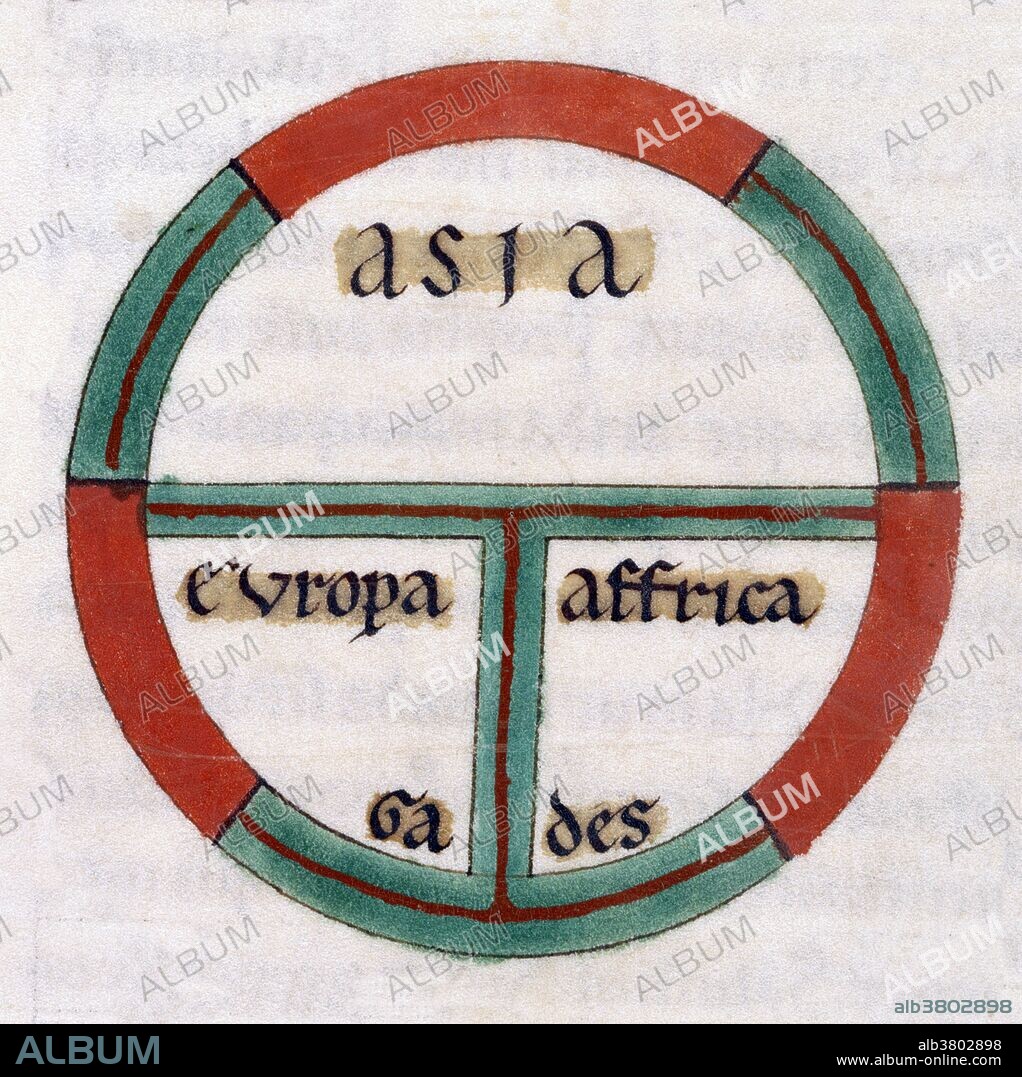 Diagrammatic T-O map. The world portrayed as a circle divided by a T shape into three continents, Asia, Europe, and Africa. At the base of the circle is Gades. A T and O map or O-T or T-O map (orbis terrarum, orb or circle of the lands; with the letter T inside an O), is a type of medieval world map, sometimes also called a Beatine map or a Beatus map because one of the earliest known representations of this sort is attributed to Beatus of LiÃ©bana, an 8th century Spanish monk. The T is the Mediterranean, the Nile, and the Don (formerly called the Tanais) dividing the three continents, Asia, Europe and Africa, and the O is the encircling ocean.