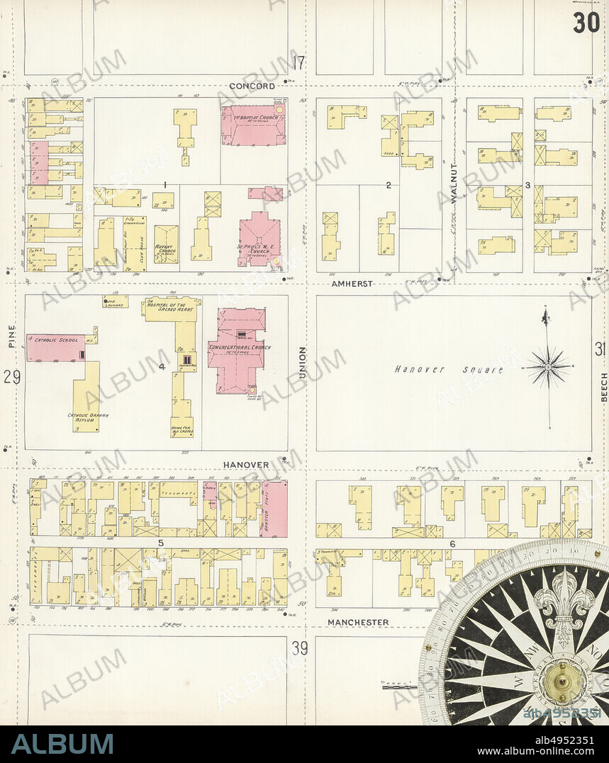 Image 31 of Sanborn Fire Insurance Map from Manchester, Hillsborough County, New Hampshire. 1897. 65 Sheet(s). Bound, America, street map with a Nineteenth Century compass.