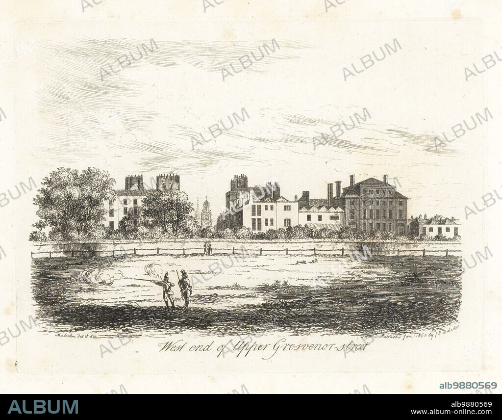 West end of Upper Grosvenor Street, London, 1807. View from Hyde Park (with soldiers performing military exercises) across Park Lane towards Grosvenor Square. Copperplate drawn and engraved by James Peller Malcolm from his Anecdotes of the Manners and Customs of London during the 18th Century, Longman, Hurst, London, 1808. Malcolm (1767-1815) was an American-English topographer and engraver, Fellow of the Society of Antiquaries.