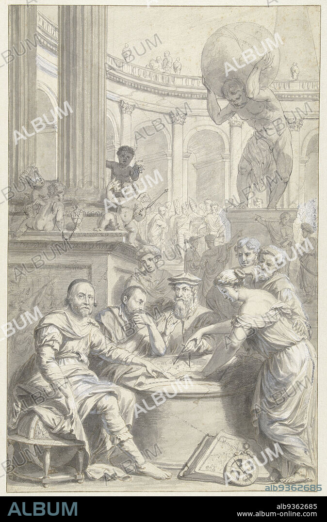 Title Page Design for Johannes Janssonius van Waesberge, Atlas Contractus, Design for title page of an atlas depicting the geographers Johannes Janssonius, Jodocus Hondius and Gerard Mercator sitting around a table., draughtsman: Zacharias Webber (II), 1661 - 1666, paper, deck paint, brush, pen, height 411 mm × width 263 mm.