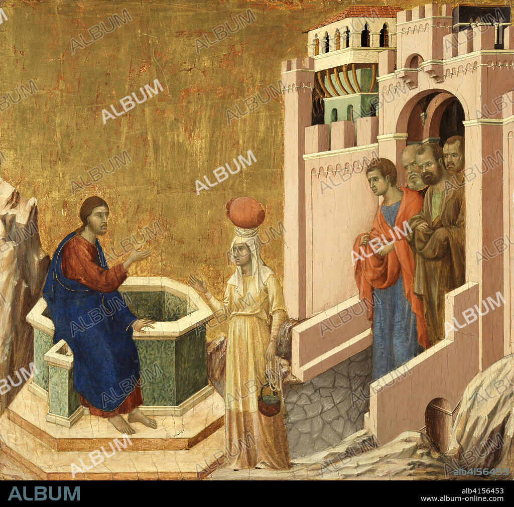 Duccio di Buoninsegna (Active 1278?Siena, prior to 3 August 1319). Christ and the Samaritan Woman (1310 - 1311). Tempera and gold on panel. 43.5 x 46 cm.