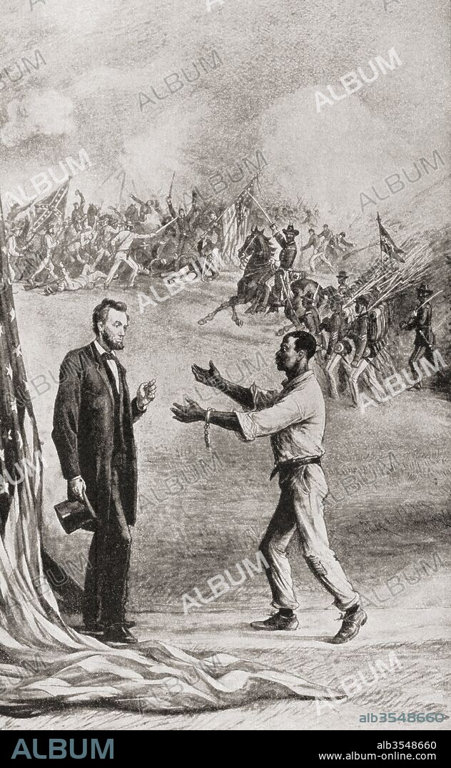 Allegorical image of a southern Negro slave, his chains broken, greeting President Abraham Lincoln during the American Civil War. Behind them a battle rages between the Confederate and Union troops. From The History of our Country, published1900.