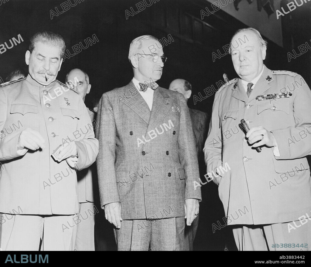 Vintage World War II photo of Premier Joseph Stalin, President Harry Truman, and Prime Minister Winston Churchill.