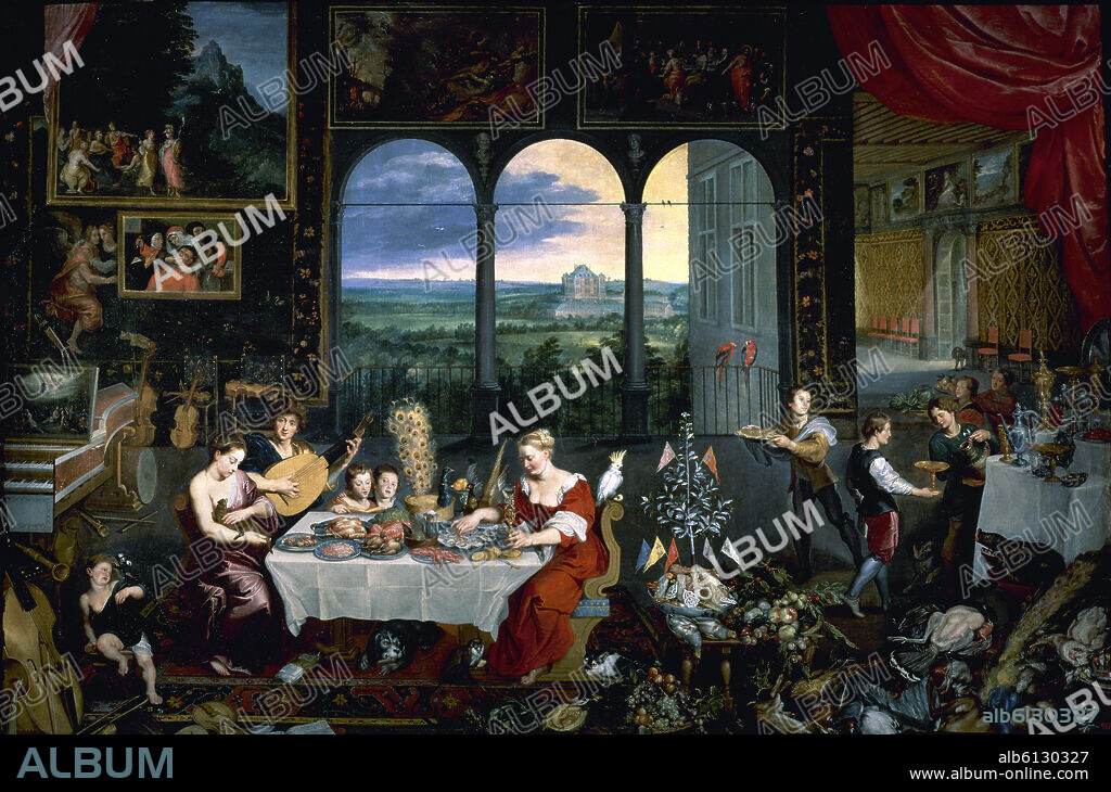 JAN BRUEGHEL DE VELOURS-BRUEGHEL EL. EL GUSTO EL OIDO Y EL TACTO - HACIA 1620 - O/L - 176x264 - NP 1404 - BARROCO FLAMENCO.