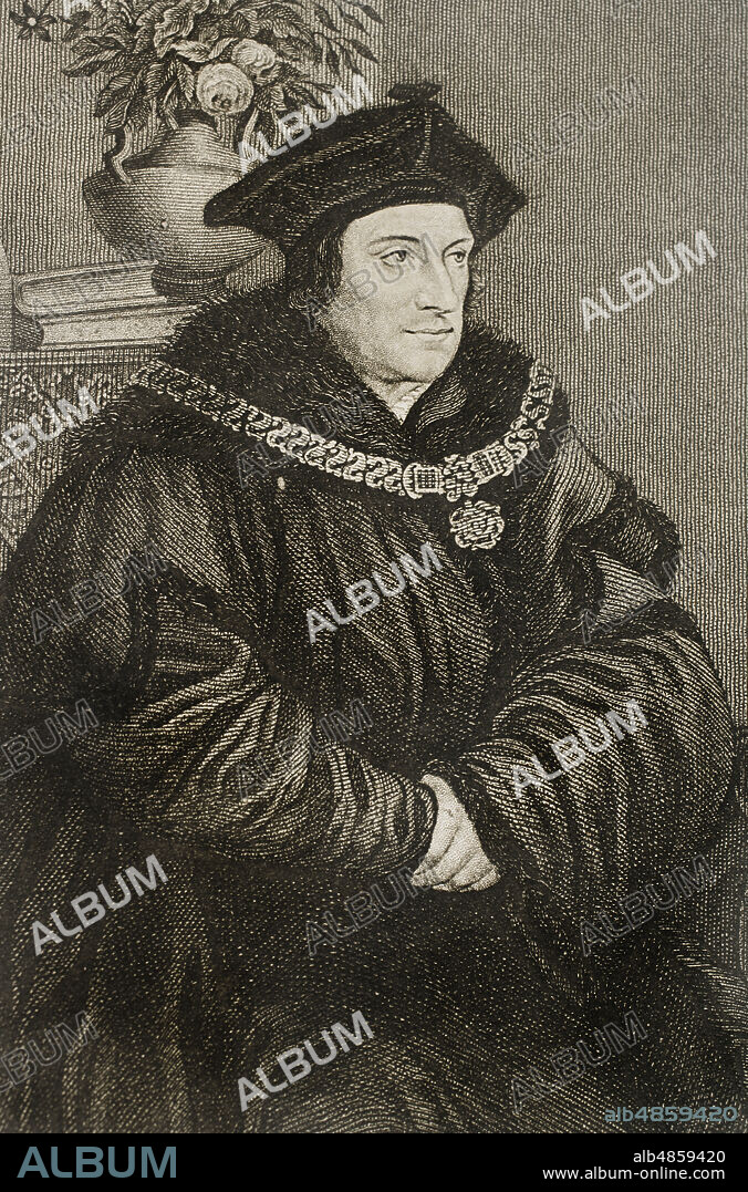 Thomas More (1478-1535). English philosopher, theologian, humanist, writer and scholar. Executed on 6 July 1535, accused of high treason for refusing to support the break of the Church of England from the Catholic Church of Rome. Portrait. Engraving. Historia de las persecuciones políticas y religiosas en Europa (History of political and religious persecutions in Europe). Volume II. Published in Barcelona, 1864.