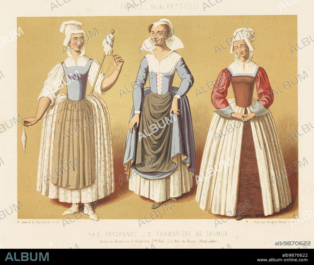Costumes of French peasant women and maid, 16th century. Peasant of Anjou in printed skirt with distaff 1, peasant woman in apron and high collar 2, chambermaid of Saumur 3, 1584. France, 16th century. Paysannes, chambriere de Saumur, XVIe siecle. Taken from Gaignieres collection of manuscripts, Bibliotheque de Rouen. Chromolithograph by Ferdinand Sere and Auguste Racinet from Charles Louandres Les Arts Somptuaires, The Sumptuary Arts, Hangard-Mauge, Paris, 1858.