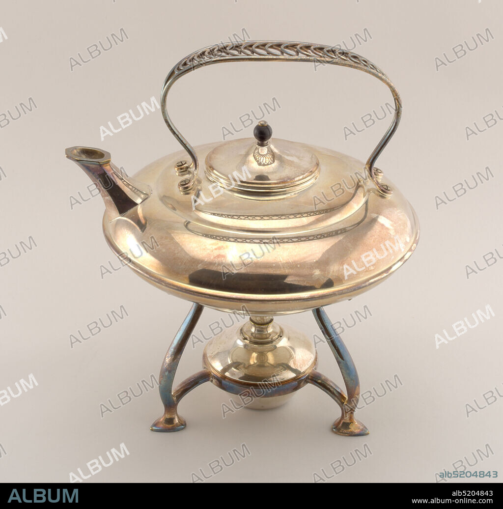Teapot on Stand, Model 730, W.A.S. Benson Ltd., England, 1880 - 1920, William Arthur Smith Benson, English, 1854 - 1924, silver-plated metal, Squat circular teapot (a) having split strap handle with looped wire decoration through center, above a conical lid (b) with spherical ebonized wood knob. Teapot sits on circular tripod stand (c) with curved legs terminating in pad feet; circular burner (d) sits in base of stand., London, England, ca. 1890, metalwork, Decorative Arts, teapot, stand, and burner, teapot, stand, and burner.
