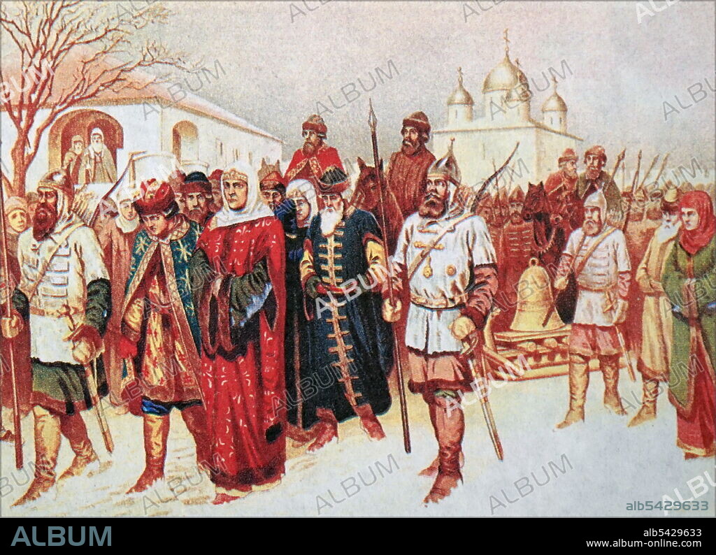 The conquest of Novgorod by Ivan III in 1478. Deportation of Martha Posadnitsa, noble Novgorodians and the veche bell to Moscow. Artist A. D. Kivshenko.