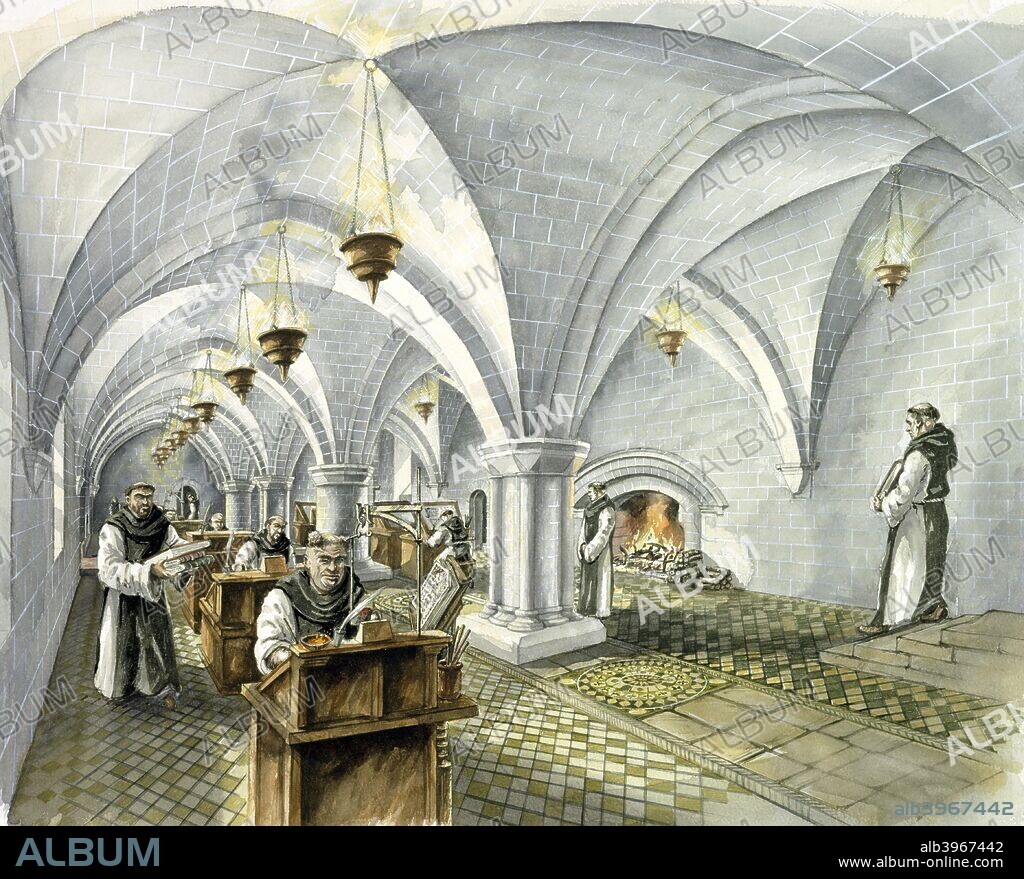 PETER DUNN. Rievaulx Abbey, 13th century, (c1990-2010). Interior view reconstruction drawing of the Day Room in the mid 13th century. A former Cistercian abbey in Rievaulx, near Helmsley in the North York Moors National Park, North Yorkshire, England.  It was one of the wealthiest abbeys in England until it was dissolved by Henry VIII of England in 1538.