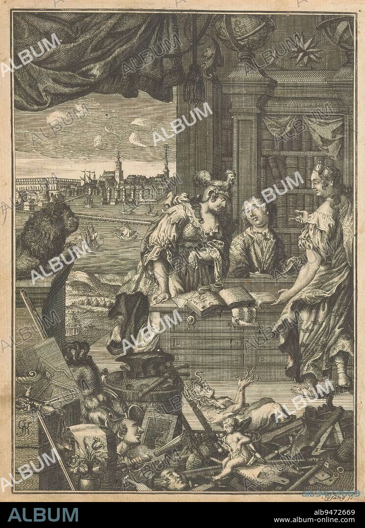 Writer in his study, Title page for: Möller, Levin. Nouveau dictionaire François-Suedois et Suedois-François, 1745, Allegorical title page showing the author behind a writing desk in front of a cabinet of books. He is flanked by two allegorical figures. In the foreground a selection of different objects, probably a reference but the subjects treated in the dictionary. In the foreground a view of Stockholm., print maker: Johann Christoph Sysang, (mentioned on object), after print by: Georg Daniel Heumann, (possibly copy after), 1745, paper, etching, engraving, height 212 mm × width 165 mm.