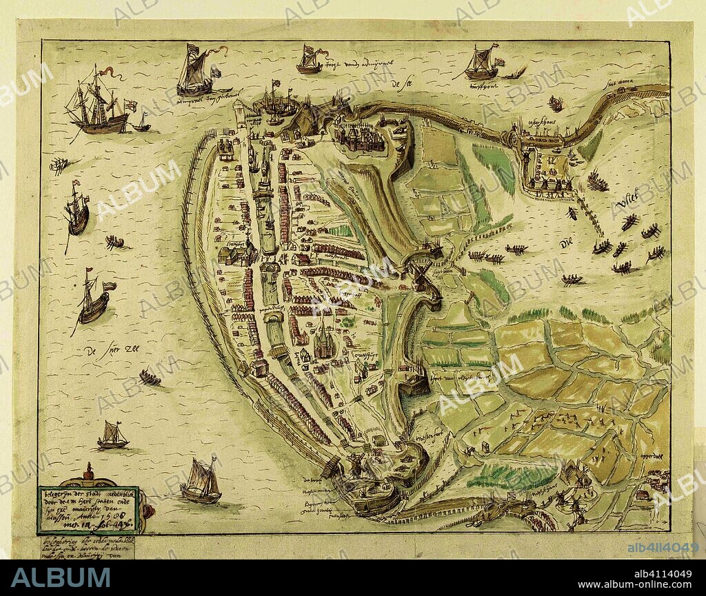 Beleg van Medemblik, 1588. Belegyn der stadt medenblick door de e m here[n] ende syn exc. maurytys van nassou Anno 1588 (title on object). Draughtsman: anonymous. Dating: 1588. Place: Northern Netherlands. Measurements: h 312 mm × w 410 mm.