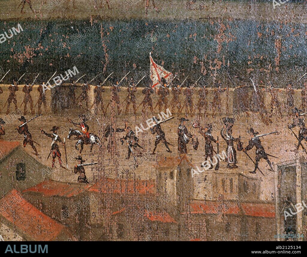 GUERRA DE SUCESION ESPAÑOLA (1702-1715). Enfrentamiento entre la casa de Borbón y la Dinastía de los Austria. En Barcelona se proclama rey al archiduque Carlos de Austria, preparando Felipe V la campaña contra cataluña (1705-1710). "SITIO DE LA CIUDAD DE BARCELONA, AÑO 1713-1714". Pintura sobre tela. Siglo XVIII. Anónimo. Detalle de la defensa de las murallas de la ciudad. Colección Particular.