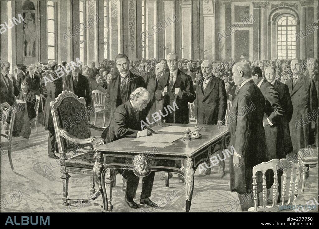 'The Prime Minister of Great Britain Signing the Peace Treaty', 1919. British Prime Minister David Lloyd George signed the Treaty of Versailles, bringing World War I to an end, at Versailles in France on 28 June 1919. From "The History of the Great European War: its causes and effects", Vol. X, by W. Stanley Macbean Knight. [Caxton Pulishing Company, Limited, London, 1919].