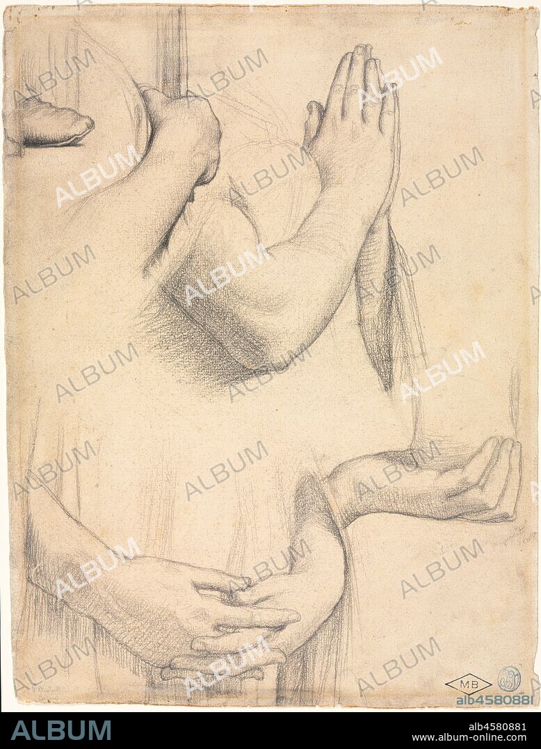 Study of Hands, 1842. At the height of his fame, Ingres received an important commission from King Louis-Philippe. When the Duke of Orléans was killed in a carriage accident at the age of 32, King Louis-Philippe bought the land surrounding the site in order to have a chapel built to commemorate his eldest son. The king personally requested that Ingres be the sole artist responsible for the designs for the chapel's stained glass windows. The study of hands in an attitude of prayer relates to the window composition for Saint Rosalia, and the study of clasped hands in the lower left relate to Saint Amelia. The gentle rhythm created by the arrangement of hands on the sheet and subtle, sensitive modeling confirm Ingres as a master of draftsmanship.