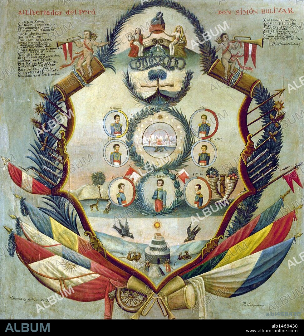 TRIBUTE TO SIMON BOLIVAR (1825) by Santiago JUAREZ (108x102 cm.). Liberator of America S. Bolívar (1783-1830). National Institute of Culture. Cuzco Regional Historical Museum. Peru.
