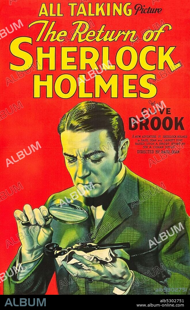 The Return of Sherlock Holmes (Paramount, 1929). "Elementary, dear Watson, elementary," utters master sleuth Sherlock Holmes for the first time on film, the line that would ultimately become his trademark. Interestingly, Holmes never used that phrase in Sir Arthur Conan Doyle's books. This unbelievably rare one sheet is absolutely exquisite, with a finely drawn image of Holmes(Clive Brook), impeccably turned out in a tweed jacket, meticulously scrutinizing a murderous revolver. Brook played Holmes three times: The Return of Sherlock Holmes, Sherlock Holmes (1932), and as part of Paramount on Parade (1930). However, he is perhaps best remembered for playing opposite Marlene Dietrich in Shanghai Express (1932). In this installment, Holmes and Watson must once again face down the villainous Professor Moriarty after he begins investigating the murder of a ship's captain and the suspicious disappearance of the dead man's son who is accused of the crime..