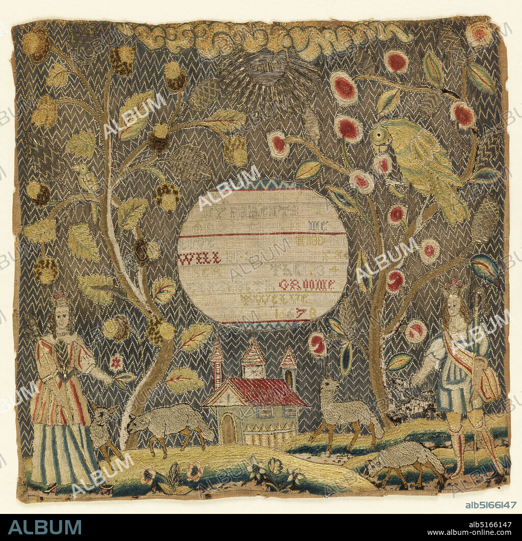 Sampler, Elizabeth Groome, Medium: silk, wool, mica and metallic embroidery on linen foundation Technique: embroidered in stem, satin, cross, bouillon, couching, and padded couching stitches on plain weave foundation; counted and uncounted stitches, Scene of a crowned shepherd and shepherdess in a rural landscape with sheep and a dog, an oak tree to the left and an apple tree with a large parrot to the right, the sun at the top and a church at the bottom. Mica is used as the windows of the church; the background is of couched metallic yarns. In the center a reserved circle with the inscription:, By this you see my parents took great care of me, Love the Lord and he will be tender Father unto thee, July the 23 Elizabeth Groome aged twelve year 16678 (sic), England, 166778, embroidery & stitching, Sampler.