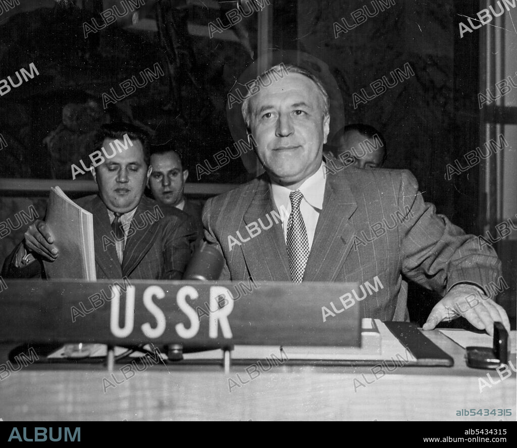 New Delegate of U.S.S.R. On Security Council Mr. Valerian A. Zorin, Deputy Minister for Foreign Affairs of U.S.S.R. newly appointed representative on the Security Council, photographed at the conference table in the council chamber. October 1, 1952. (Photo by UPI Telephoto).