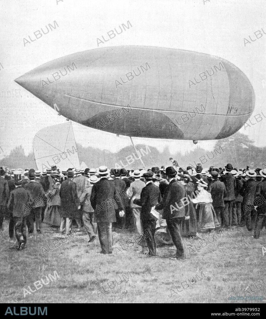 Alberto Santos-Dumont landing his airship number 9 in Longchamp, Paris, 1903. A print from La Vie au Grand Air, 19th June 1903. Brazilian Alberto Santos-Dumont (1873-1932) was an early pioneer of aviation. He initially focused on airship design, famously flying around the Eiffel Tower in a dirigible in 1901, but later switched to building fixed-wing aircraft. His exploits gained him celebrity status in a world fascinated by the possiblities of aviation.