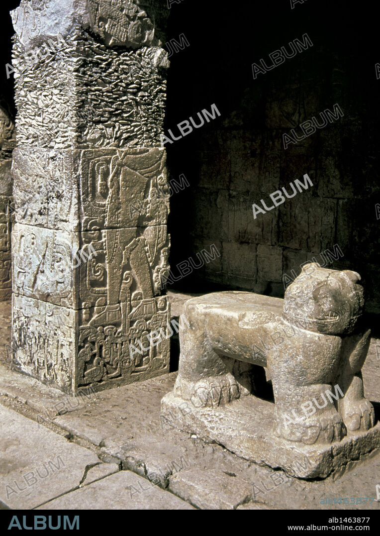 Pre-Columbian Art. Maya. Jaguar. Sculpture in the center of the Jaguar Temple (or Temple of the Jaguars). Maya-Toltec style. Classical period (late 900-1224). Chichen Itza. State of Yucatan. Mexico.