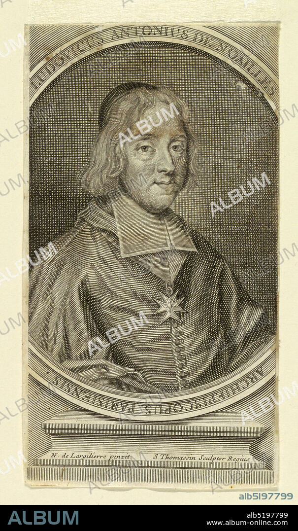 Portrait of Louis Antoine, Duc de Noailles (1651-1729), Henri Simon Thomassin, French, 1687 - 1741, Nicolas de Largillière, 1656 - 1746, Engraving on paper, Half-length portrait of the seated archbishop. He is in three-quarter view facing right. The sitter is in three-quarter view facing right. The sitter is a middle-aged man, with long hair, wearing a skullcap, ecclesiastical robe and the Cross of St. Esprit. The portrait is in an oval frame, cut off at sides. Below it a pedestal., France, 1710-1720, Print, Print.