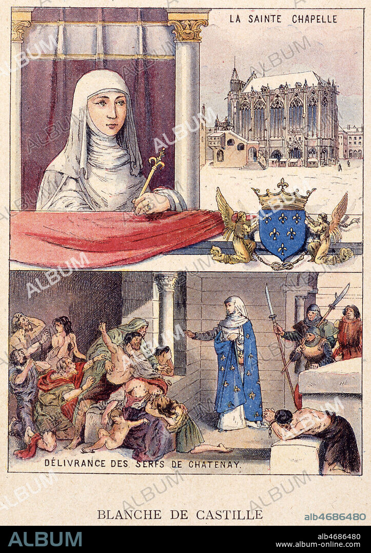 'BLANCHE DE CASTILLE (1188-1252) : delivrance des serfs de Chatenay, la Sainte Chapelle'. Gravure in. Les francaises illustrees publie en 1913 par DESMOULIN. Credit : Collection Grob/KHARBINE-TAPABOR.
