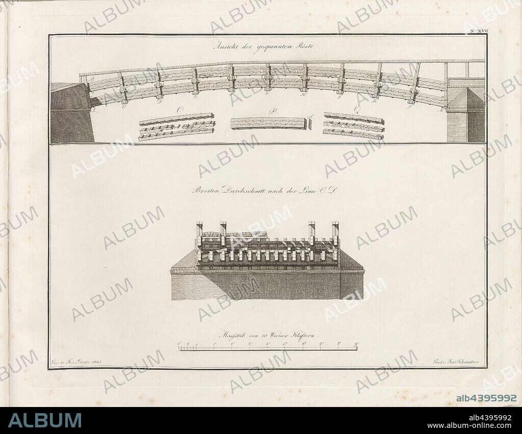 View of the strained roast, Rust during the construction of the Franzensbrücke in Vienna, signed: Gez., v, Jos, Lantz, D., v, Jac., Schmutzer, N. XVII, Lántz, József (gez.); Schmutzer, Jacob (sc.), József Lántz: Franzens Brücke zu Wienn. [S.l.]: [s.n.], [1805].