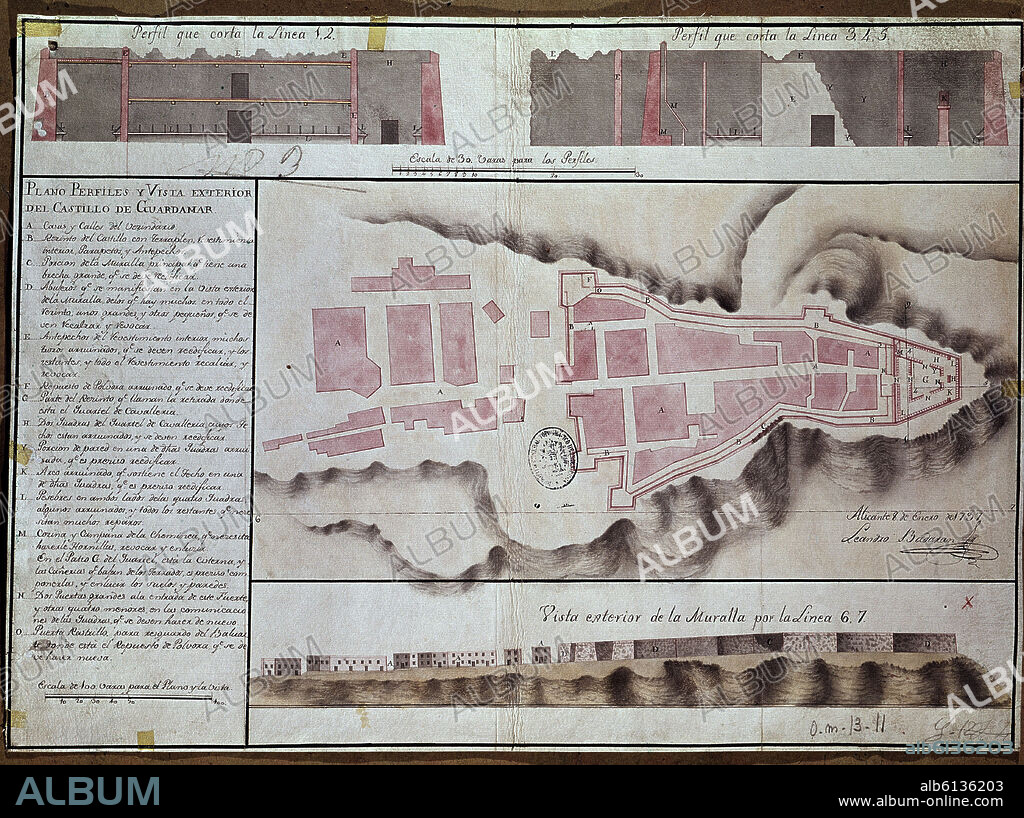 BADAZAN LEANDRO. PLANO PERFILES Y VISTA EXTERIOR DEL CASTILLO DE GUARDAMAR DEL SEGURA AÑO 1737.