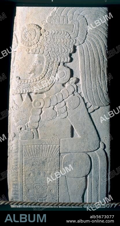 Maya culture, Early Classic, c. 445 AD. Teotihuacan warriors. Limestone, height 120cm. Origin: Tikal, El Petén, Guatemala, stele 31. (Detail). Tikal, Museo Sylvanus G. Morley.