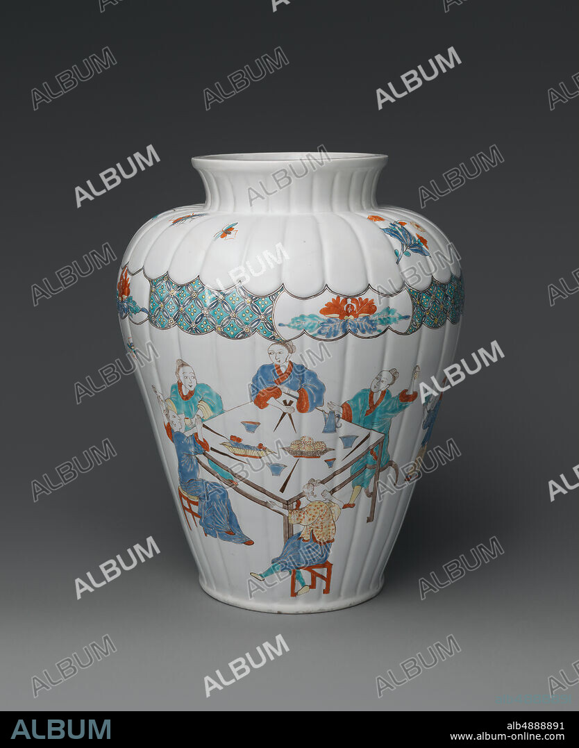 Chantilly, Jar with figures, French, Chantilly, After a print by Jean Antoine Fraisse (French, active ca. 16801739), ca. 173540, French, Chantilly, Soft-paste porcelain painted with colored enamels over tin glaze, Height: 11 in. (27.9 cm), Ceramics-Porcelain.