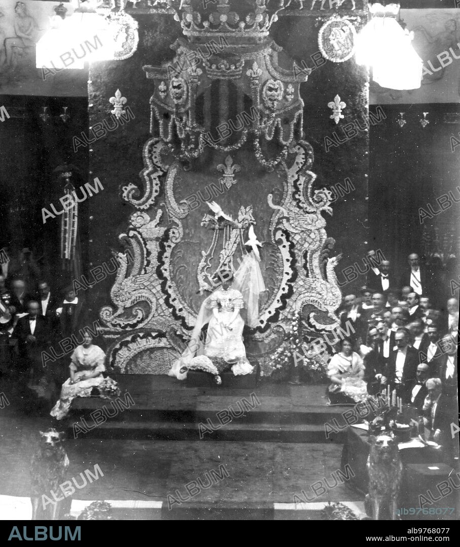 June 1909. The Floral Games of Valencia. HRH the Infanta Doña María Teresa, Queen of the Festival, on her Magnificent Throne.