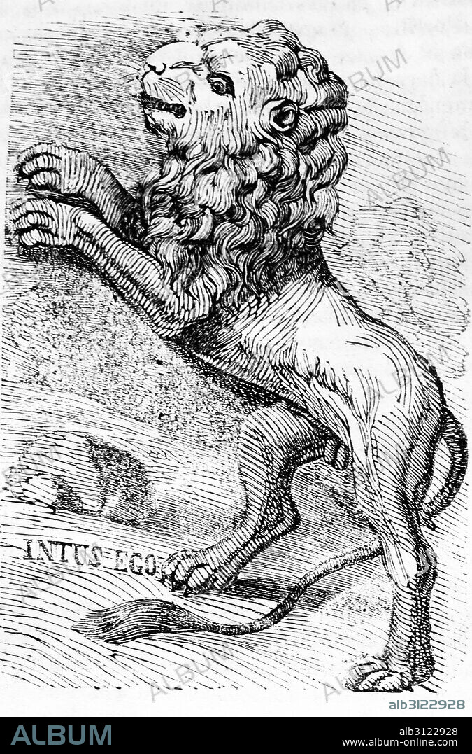 Engraving depicting a lion rearing up on it's back legs. Dated 18th Century.