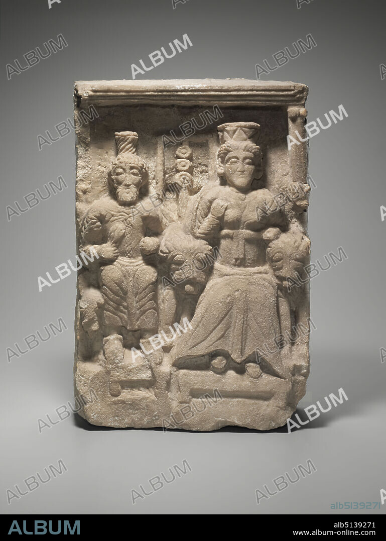Relief of Atargatis and Hadad, ca. A.D 100256, Limestone, 41 × 28 × 11.5 cm (16 1/8 × 11 × 4 1/2 in.), Yale-French Excavations at Dura-Europos, Excavated in Dura-Europos, Syria, Syrian, Dura-Europos, Roman (2nd or 3rd century A.D.), Sculpture.