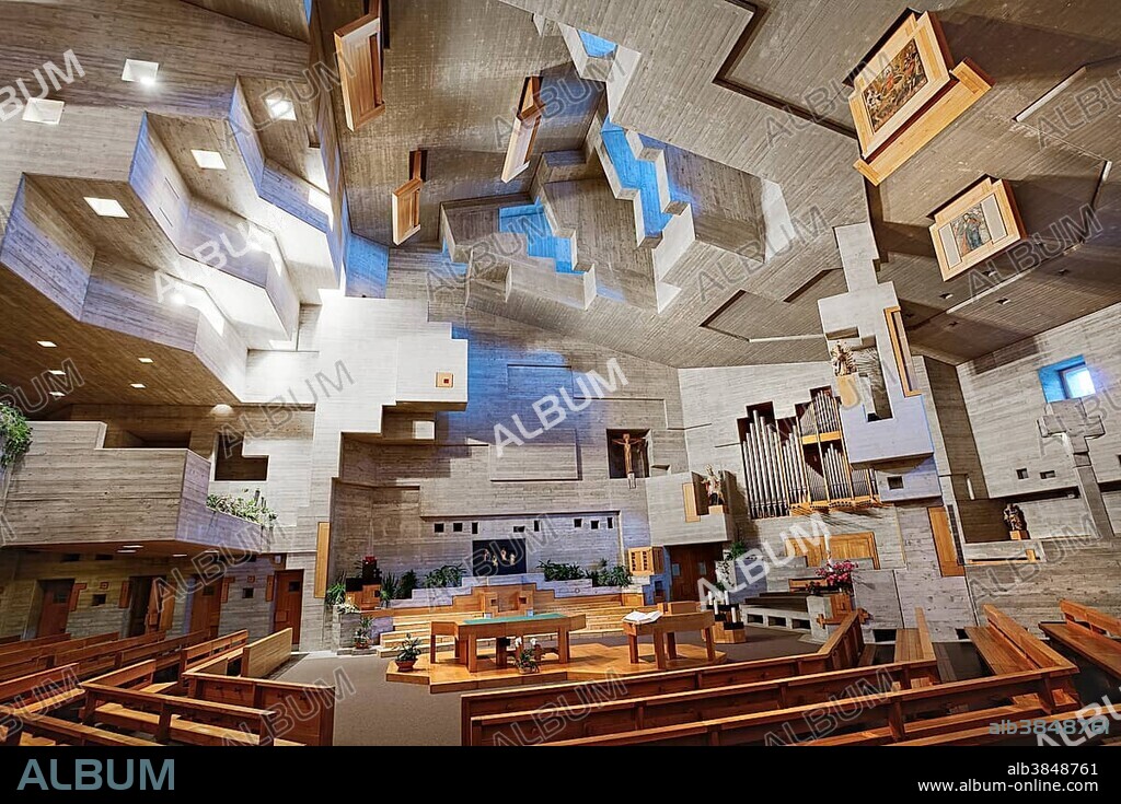 Interior of the Church of St. Nicolas, made of concrete, architect Walter Maria Förderer, Hérémence, Valais, Switzerland, Europe.