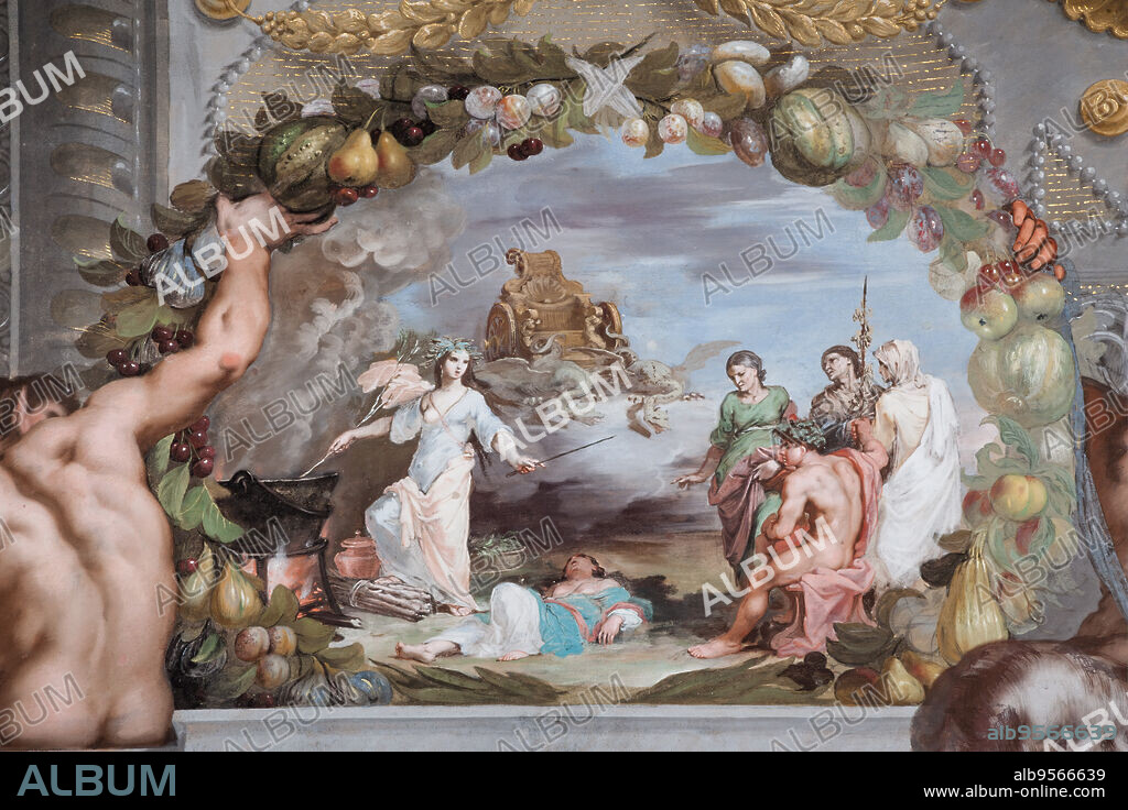 Sassuolo, Este Ducal Palace, the Bacchus Gallery, ceiling: Medea, in front of a tripod, rejuvenates the nurses of Bacchus placed in front of the sorceress in the company of the god. In the background the golden chariot of Medea. Wall tempera painting by Jean Boulanger, 1650 - 52.
