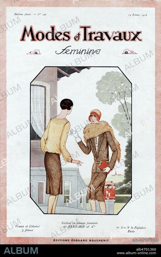 Tailleur en lainage fantaisie de BERNARD et Cie. Illustration anonyme pour la couverture de la revue Mode et Travaux feminins du 15 fevrier 1928. Credit : Collection KHARBINE-TAPABOR.